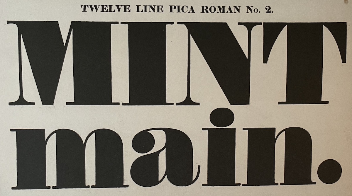 Thorne’s Fat Face typeface specimen, extremely wide strokes contrasted with razor thin strokes